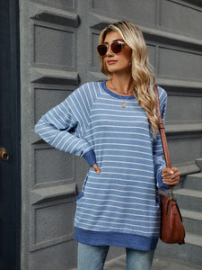 Pocketed Striped Round Neck Long Sleeve T-Shirt (multiple color options)