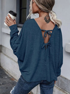 Double Tie Drop Shoulder Long Sleeve Top (multiple color options)