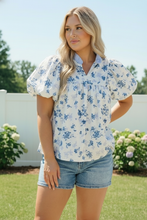 Load image into Gallery viewer, Sweet in Blue Floral Puff Sleeve Babydoll Top
