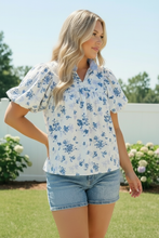 Load image into Gallery viewer, Sweet in Blue Floral Puff Sleeve Babydoll Top
