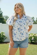 Load image into Gallery viewer, Sweet in Blue Floral Puff Sleeve Babydoll Top
