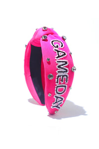 Jeweled & Beaded Gameday Top Knot Headband in Hot Pink