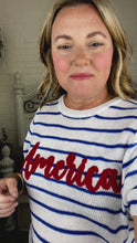 Load and play video in Gallery viewer, America Proud Blue Striped Embroidered Puff Sleeve Top

