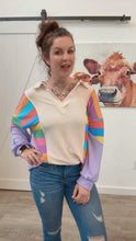 Load and play video in Gallery viewer, Feeling Bold Lilac Multicolor Stripe Collared V Neck Pullover
