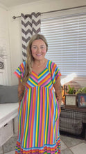 Load and play video in Gallery viewer, Bright Thoughts Rainbow Stripe Flutter Sleeve Fit &amp; Flare Midi Dress
