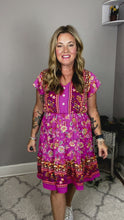 Load and play video in Gallery viewer, Find Romance Fuchsia Boho Floral Button V Neck Ruffle Dress
