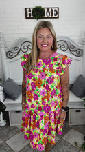 Load and play video in Gallery viewer, Be Charming Lime &amp; Pink Floral Print Tiered Ruffle Sleeve Dress
