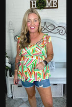 Load and play video in Gallery viewer, Sunny Days Geo Smocked Shoulder Tie Top in Orange &amp; Green
