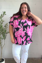 Load and play video in Gallery viewer, Tropical Vibes Black &amp; Hot Pink Floral V Neck Top
