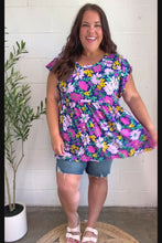 Load and play video in Gallery viewer, Perfectly You Navy &amp; Lilac Floral Print Ruffle Sleeve Babydoll Top
