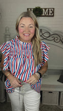 Load and play video in Gallery viewer, American Red White &amp; Blue Stripe Shirred Yoke Neck Top

