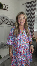 Load and play video in Gallery viewer, Love Found Blue &amp; Lavender Ikat Print V Neck Dress
