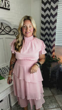 Load and play video in Gallery viewer, Beautiful You Blush Swiss Dot Asymmetric Tiered Smocked Lined Dress
