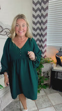 Load and play video in Gallery viewer, Beautiful You Woven Waffle V Neck Babydoll Dress in Hunter Green
