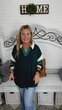 Load and play video in Gallery viewer, Falling For You Color Block Collared French Terry Top in Hunter Green
