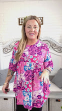 Load and play video in Gallery viewer, Floral Print Babydoll Bell Sleeve Top in Pink &amp; Blue
