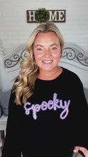 Load and play video in Gallery viewer, Black Embroidered &quot;Spooky&quot; Chunky Sweater
