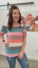 Load and play video in Gallery viewer, Look Out Teal &amp; Rose Striped Hacci Knit Puff Sleeve Top
