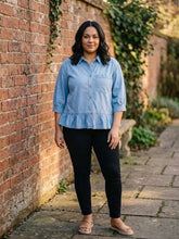 Load image into Gallery viewer, Chambray Charm Ruffle Hem Top
