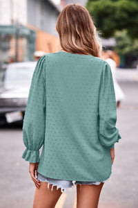 Darling Dotted Swiss Dot Notched Neck Flounce Sleeve Blouse (multiple color options)