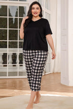 Load image into Gallery viewer, Unwind And Relax V-Neck Tee and Plaid Cropped Pants Lounge Set
