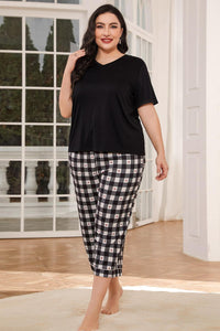 Unwind And Relax V-Neck Tee and Plaid Cropped Pants Lounge Set