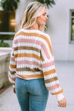 Load image into Gallery viewer, Quirky Charms Openwork Striped Round Neck Long Sleeve Knit Top
