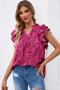 Scarlet Petals Floral Flutter Sleeve Notched Neck Blouse (multiple color options)