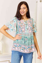 Load image into Gallery viewer, Boho Bliss Floral Tie Neck Short Sleeve Blouse
