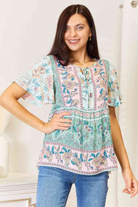 Boho Bliss Floral Tie Neck Short Sleeve Blouse