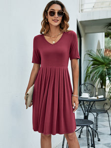 Maple Maven Pleated V-Neck Short Sleeve Tee Dress (multiple color options)