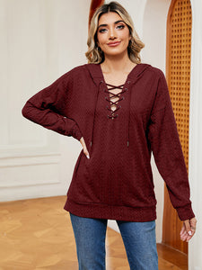 Everyday Ease Lace-Up Long Sleeve Hoodie (multiple color options)