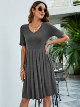 Load image into Gallery viewer, Maple Maven Pleated V-Neck Short Sleeve Tee Dress (multiple color options)
