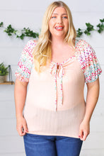 Load image into Gallery viewer, Peach &amp; Floral Tie Neck Bubble Sleeve Top
