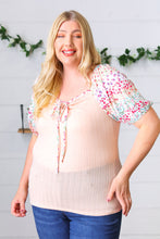 Load image into Gallery viewer, Peach &amp; Floral Tie Neck Bubble Sleeve Top
