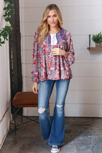Creative Content Criss Cross Boho-Style Blouse in Blue/Rust