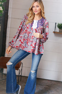 Creative Content Criss Cross Boho-Style Blouse in Blue/Rust
