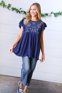 Out of the Blue Ruffle Sleeve Floral Embroidered Top