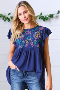 Out of the Blue Ruffle Sleeve Floral Embroidered Top