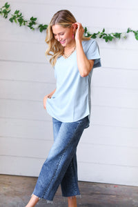 Places to Go Wool Dobby Rolled Sleeve V Neck Top in Ash Blue