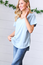 Load image into Gallery viewer, Places to Go Wool Dobby Rolled Sleeve V Neck Top in Ash Blue
