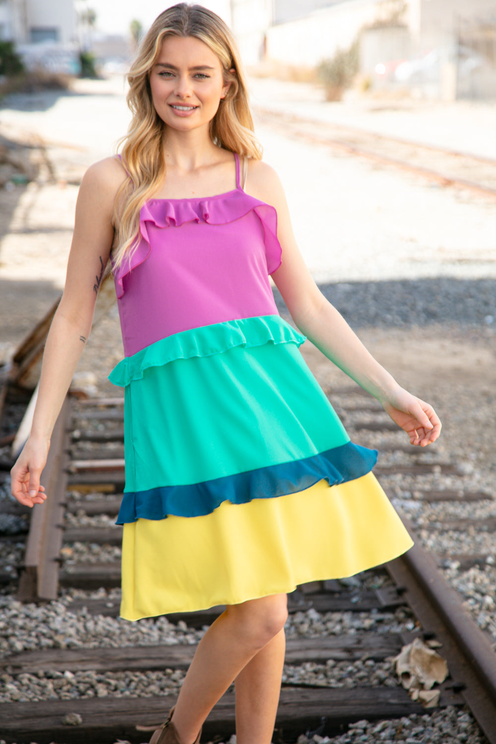 Splash Zones Ruffle Trim Color Block Dress