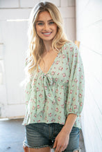 Load image into Gallery viewer, Mint Crepe Seersucker Floral Knotted Woven Blouse
