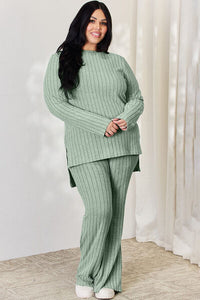 In Her Lounge Era Ribbed High-Low Top and Wide Leg Pants Set (multiple color options)