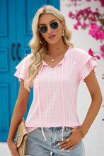 Load image into Gallery viewer, The Simple Touches Eyelet Tie-Neck Flutter Sleeve Blouse (multiple color options)
