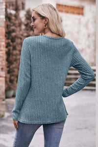 Fall Fusion Ribbed Round Neck Buttoned Long Sleeve Tee