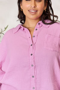 Off the Edge Texture Button Up Raw Hem Long Sleeve Shirt in Mauve