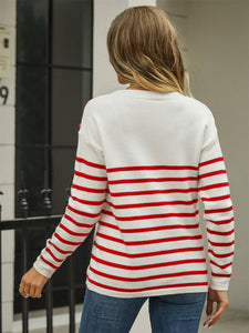 Fall On The Horizon Round Neck Shoulder Button Striped Pullover Sweater (2 color options)