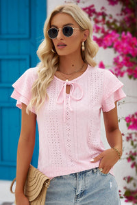 The Simple Touches Eyelet Tie-Neck Flutter Sleeve Blouse (multiple color options)