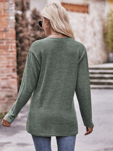 Harvest Hues Buttoned Notched Neck Long Sleeve Top